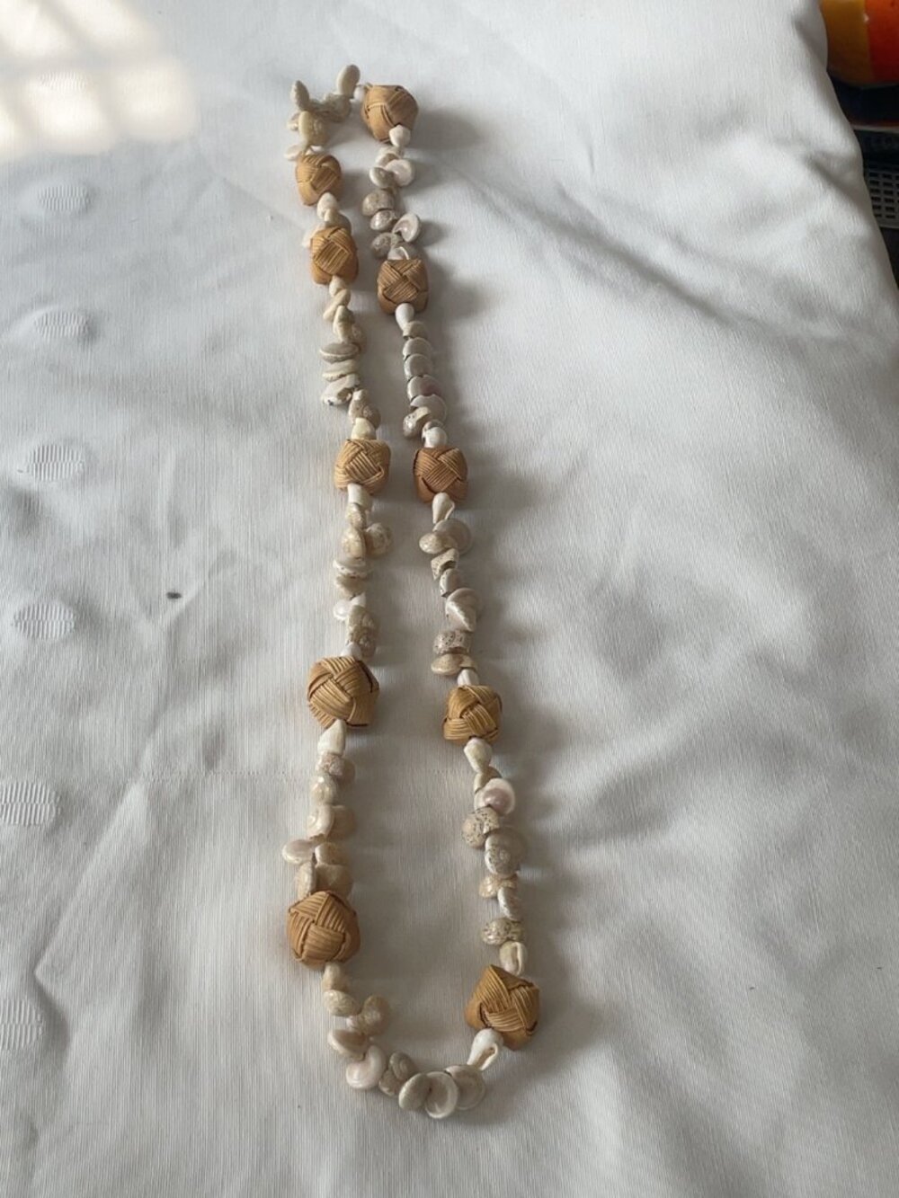 Natural Shell & Woven Rattan Bead Long Boho Necklace